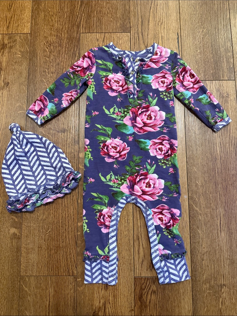Mustard Pie Purple Floral One-Piece with Matching Hat